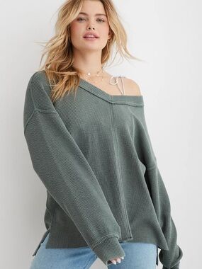 Aerie Wonder Textured V-Neck Sweatshirt Royal Palm Size Large